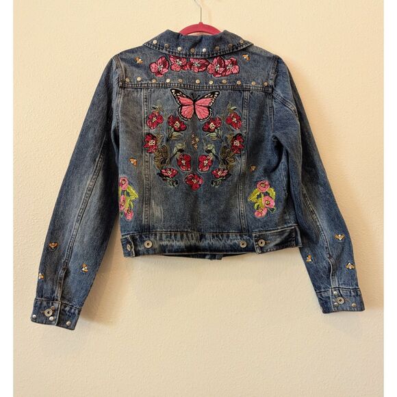 Bagatelle Embroidered Floral Butterfly Bee Trucker Denim Jacket   Sz M - Picture 7 of 10